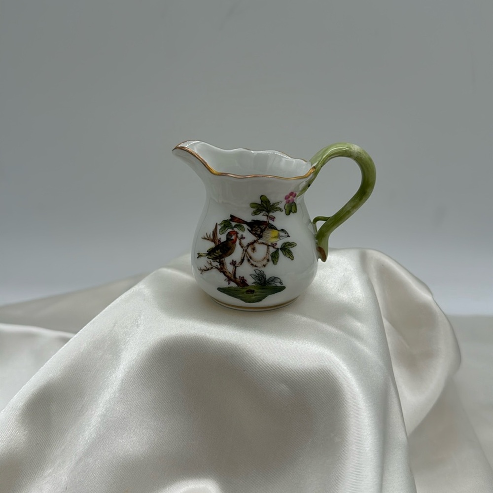 HEREND Rothschild Bird Miniature Pitcher Individual Creamer, gold rim.